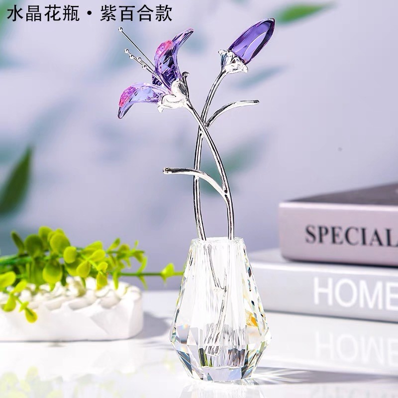 水晶彩色立体百合花朵金属杆带花瓶摆件现代直播抖抖家居货源
