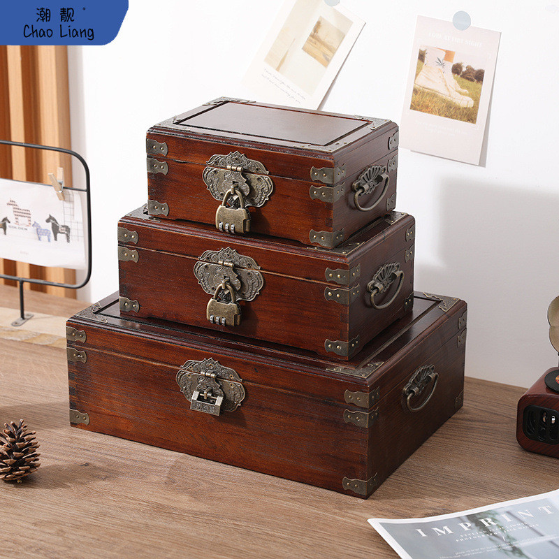 木盒子复古桌面收纳盒带锁实木小箱子带锁证件印章盒带盖杂物包邮