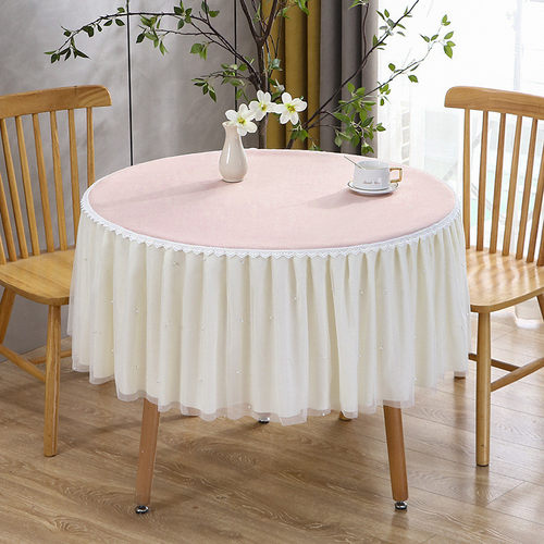 圆形纯色蕾丝桌布防水阳台小圆桌茶几罩防尘罩圆餐桌布盖布奶油风