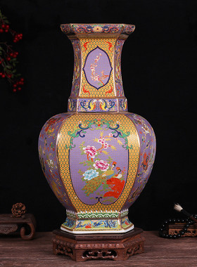 落地大花瓶珐琅彩瓷器花鸟瓶景德镇陶瓷六方家居客厅摆件工艺品