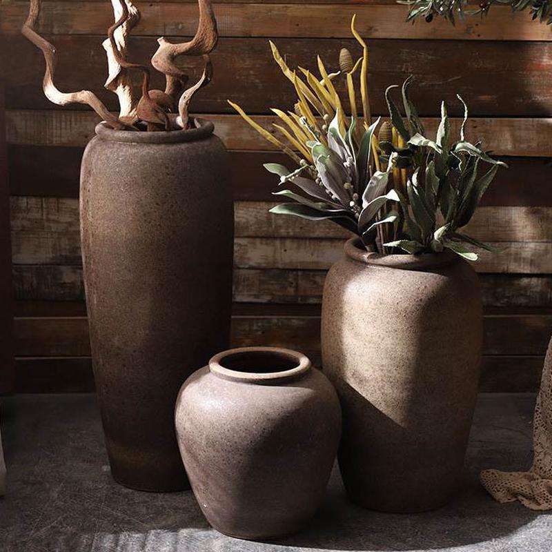 景德镇陶瓷大号复古花瓶客厅插花摆件现代简约手工落地陶罐大花盆