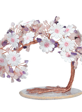 热销创意刺绣碎石小花大弯柏松水晶生命树水晶蕾丝玛瑙片底座工艺