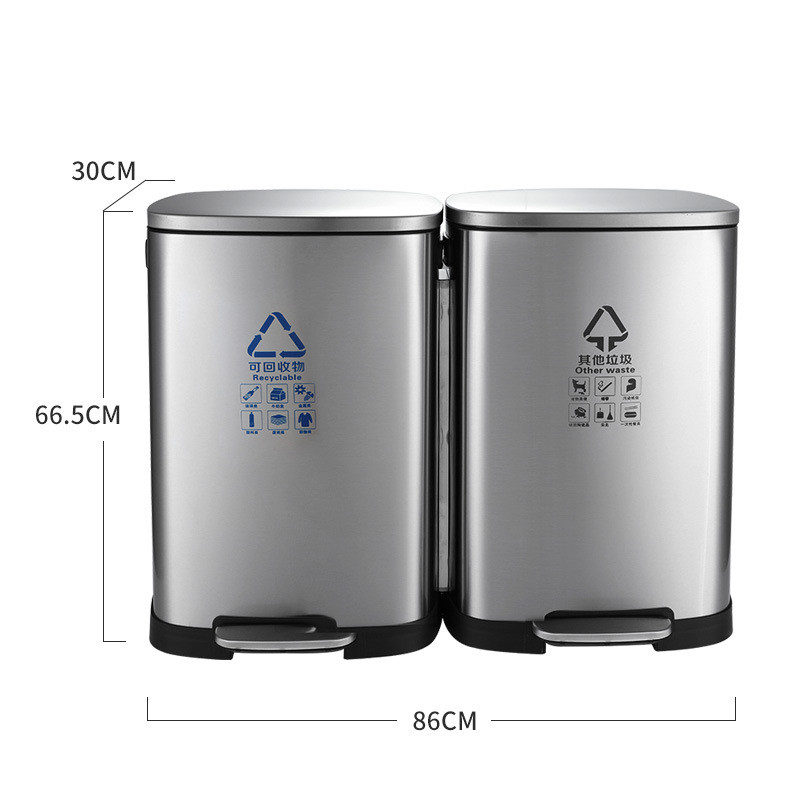 热销100l酒店家用办公室小区走廊厨房行政脚踩翻盖不锈钢分类垃圾