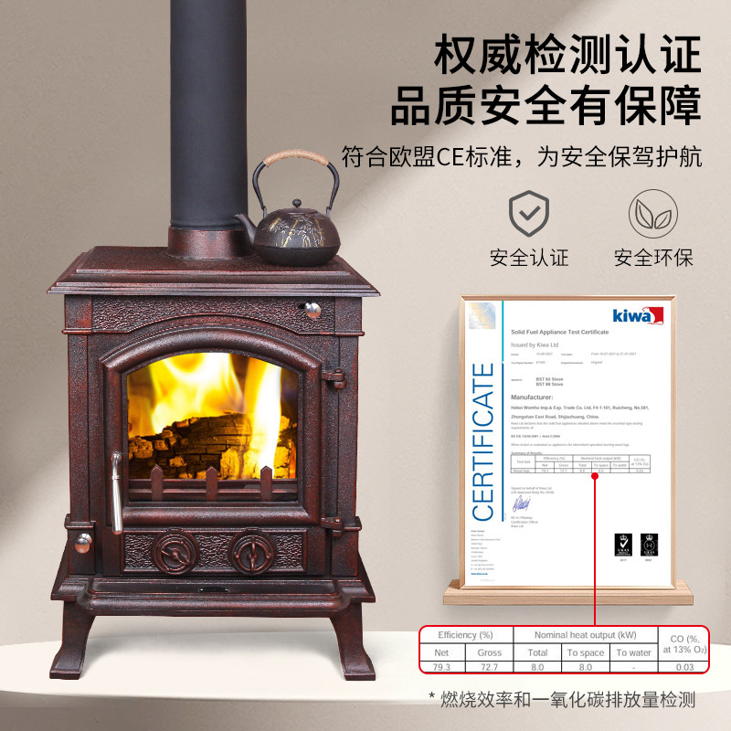 真火燃木烧柴铸铁壁炉别墅家用客厅欧式复古独立式取暖烤火炉12KW