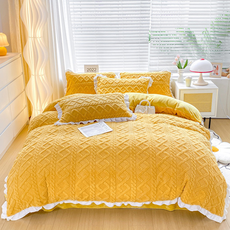 版塔芙绒花边四件套纯色ab秋冬款简约学生三件套可水洗床上用品