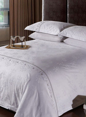 埃及家纺刺绣花欧式四件套宾馆酒店床上用品白色长绒精梳棉