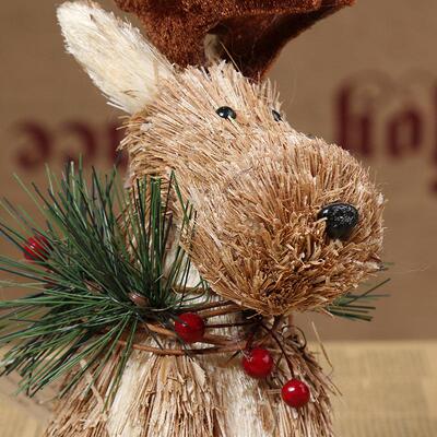 nin09930双腿平伸鹿着地2号坐两手（本色蒲草白麻松针等）摆件