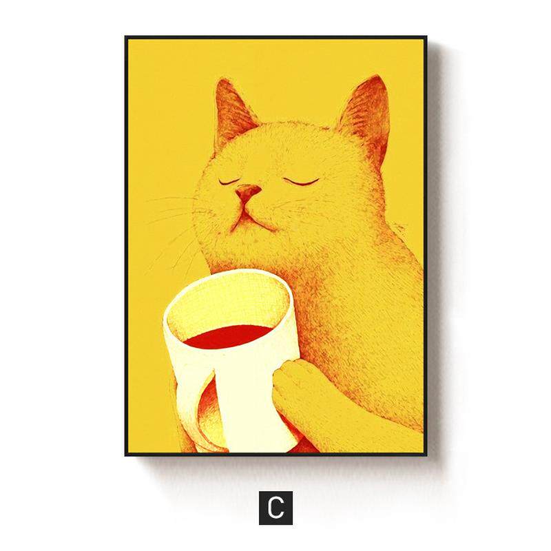 一只猫咖啡厅幸福生活北欧风格餐厅装饰画的个性挂画明黄色挂画图片