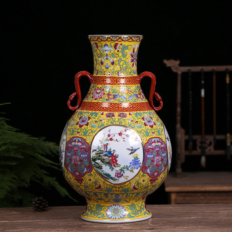 景德镇陶瓷花瓶筒中式瓷器装饰品摆件工艺品珐琅彩开窗花鸟福仿古