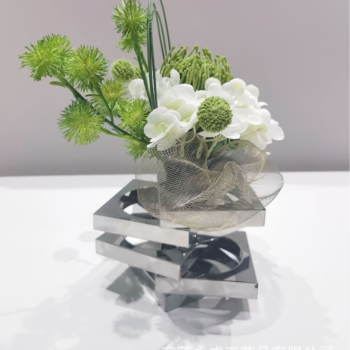 新中式仿真花艺轻奢茶几花瓶针垫花艺摆件样板间电镀会客室仿真花