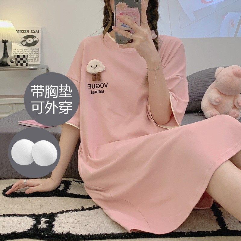 带胸垫中长款睡裙睡衣女夏季2025年新款纯棉短袖卡通可外穿家居服