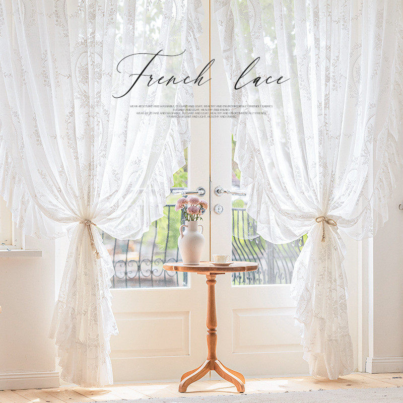 qjao批发蕾丝窗帘纱帘法式少女公主风窗纱白纱卧室2022年阳台新款