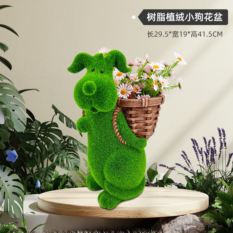 户外公园林草坪树脂工艺品可爱小狗背花盆雕塑仿真动物植绒花盆