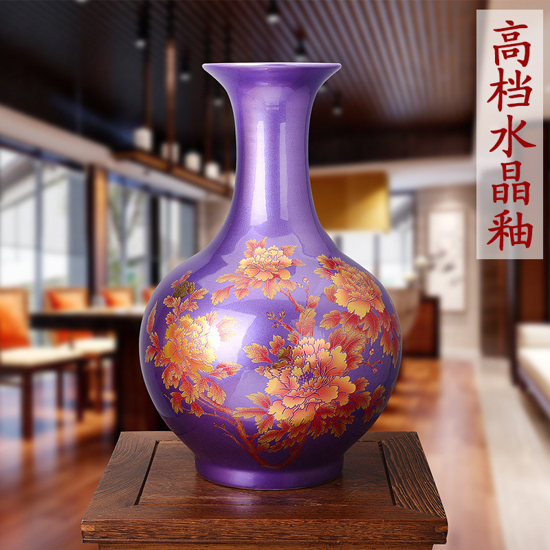 景德镇陶瓷器中国红水晶釉花开富贵工艺品摆件现代家饰花瓶