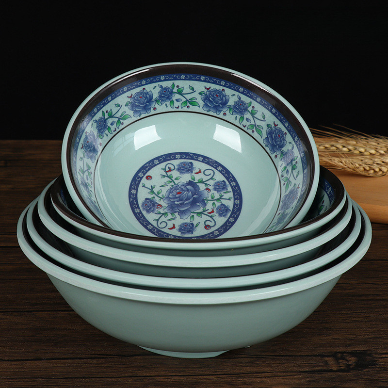 蓝青花塑料反口碗仿瓷早餐店专用粥碗豆浆碗胡辣汤米饭碗商用密胺