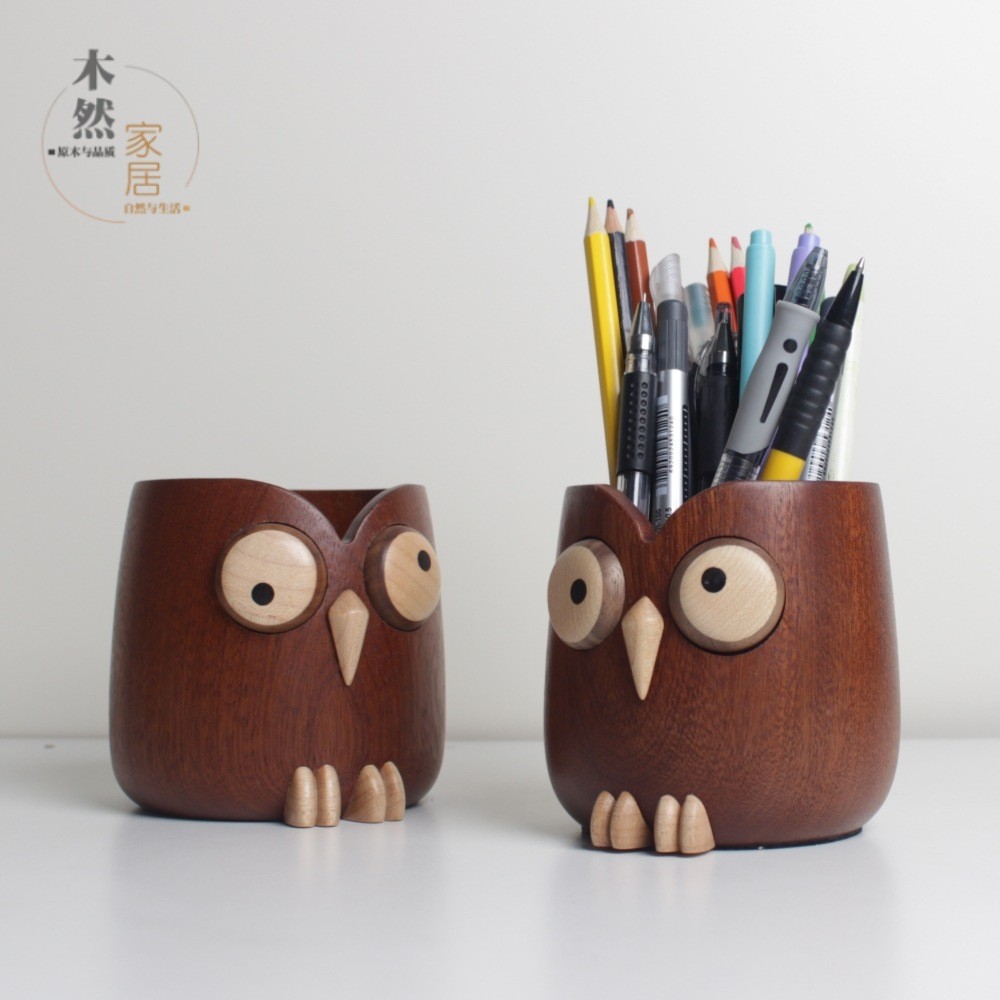 猫头鹰笔筒木制笔座笔架桶桌面摆件书桌化妆刷收纳办公室文具笔盒