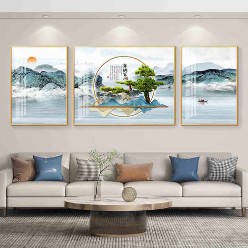 大气轻奢客厅装饰画沙发背景墙挂画壁画简约现代墙画山水画迎客松