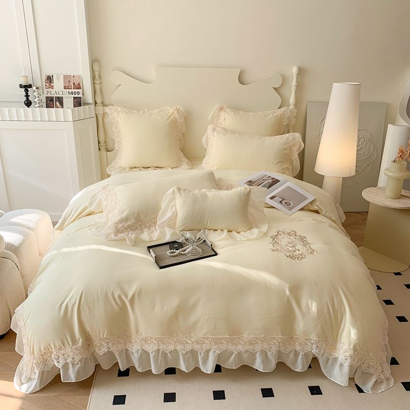 蕾丝花边刺绣法式轻奢高档水洗棉全棉公主白色四件套被套床上用品