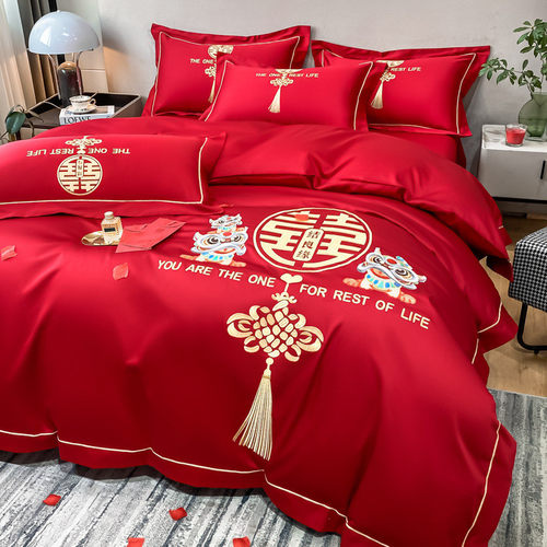 高档欧式磨毛棉大红色刺绣婚庆四件套被套结婚床上用品陪嫁婚房