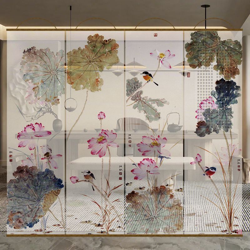 半透明花鸟莲花双面透景屏风纱中式卷帘隔断帘挂帘窗帘透光纱帘