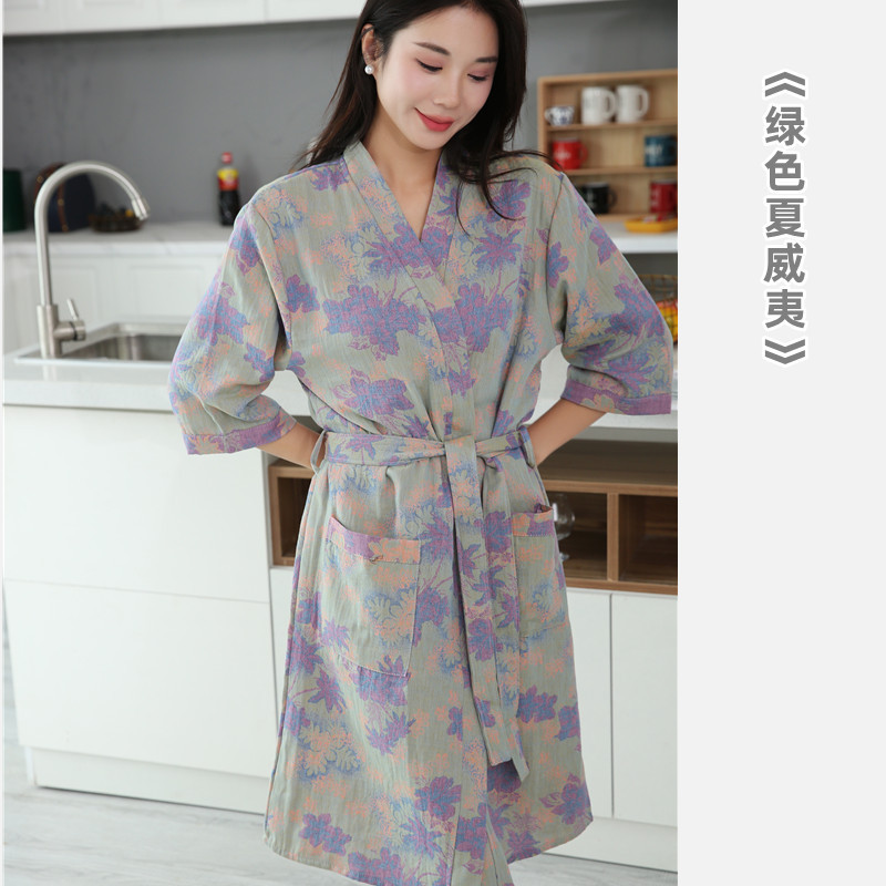 纯棉双层纱布浴袍a类春夏薄款睡衣家居服睡袍女款吸水速干浴衣