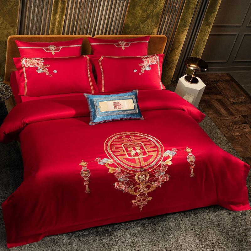 新婚庆棉四件套床上用品全棉刺绣结婚房喜被套床盖款八件套大红色