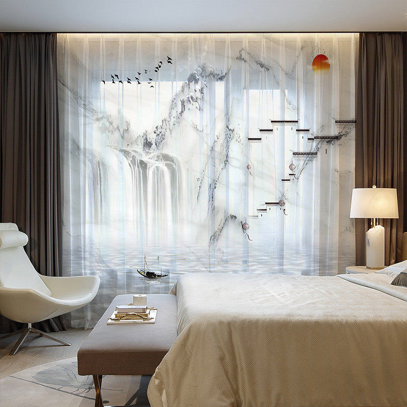 5zw新款新中式窗纱纱帘透光不透人窗帘2021年山水画客厅大气卧室