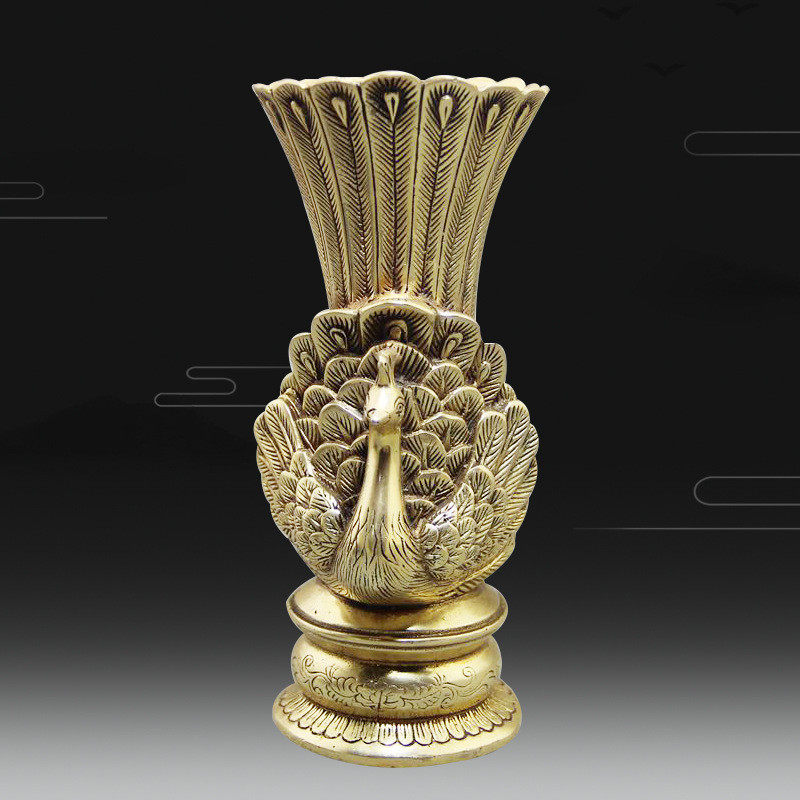 黄铜复古做旧家居装饰品小花瓶工艺品批发孔雀开屏艺术品3