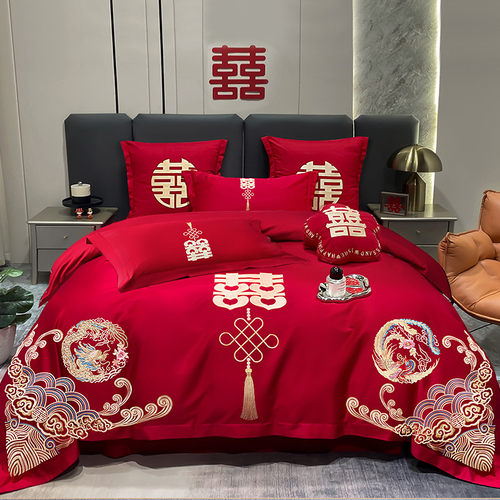si6k中式婚庆四件套红色刺绣婚房婚礼结婚喜被绣花被套床上用品