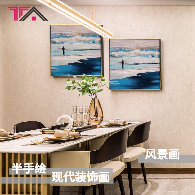 半手绘帆布装饰画蓝色系风景画家居壁画家饰客厅卧室挂画