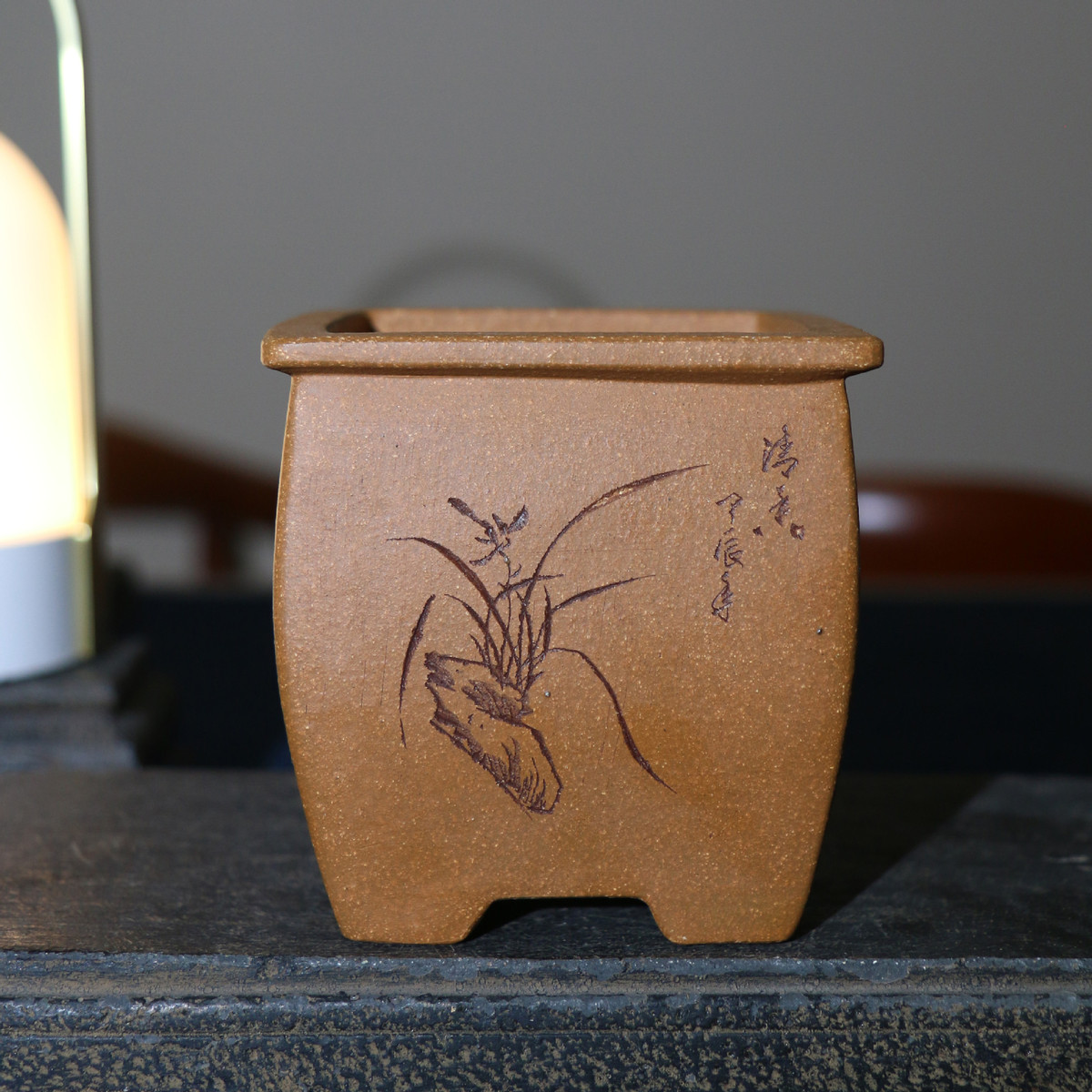 宜兴绘精品手工刻紫砂花盆名家盆手工四方签筒菖蒲多肉绿植苏兵制