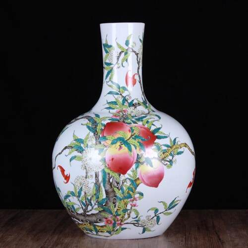 手工仿古陶瓷景德镇粉彩寿桃大号天球花瓶工艺品收藏客厅摆件批发