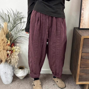 新款 老爹裤 砂洗亚麻夹棉休闲裤 纯色加厚棉裤 子女文艺时尚 2024冬季