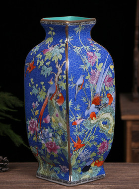 珐琅彩四方仿古瓶景德镇陶瓷花瓶花鸟中式瓷器装饰品摆件工艺品