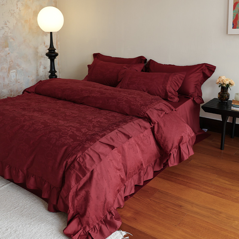 86m0花时间长绒棉活结婚庆六件套100支生贡缎花边刺绣新婚房