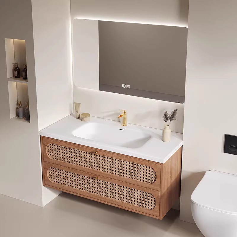 简约原木色藤编实木浴室柜卫生间吊柜可柜耐岩板无缝陶瓷一体盆丽