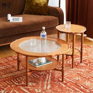 小户型沙发圆边几樱桃木客厅小茶桌复古 中古茶几北欧实木家用日式