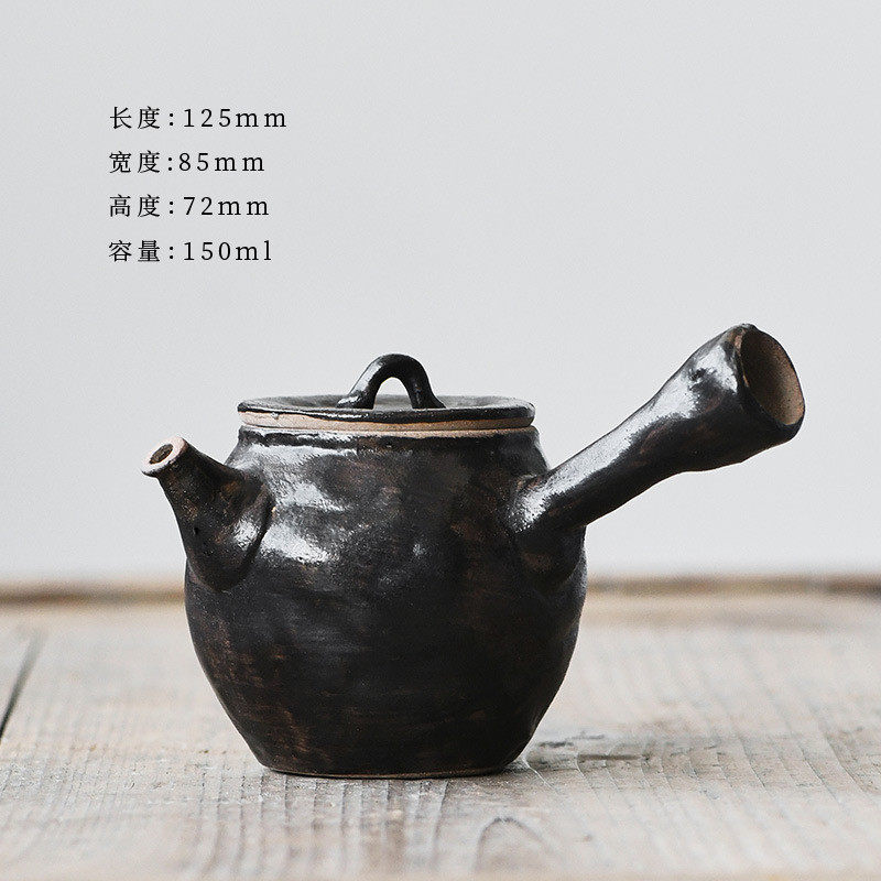 侘寂风粗陶侧把壶 禅意日式茶具大号泡茶壶 150ml陶瓷手拙急须壶