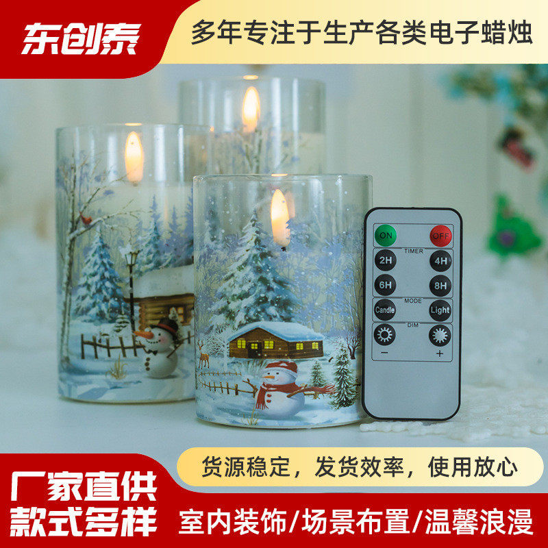 厂家直供玻璃石蜡贴花圣诞雪地蜡烛灯房子雪人圣诞节装饰氛围蜡烛