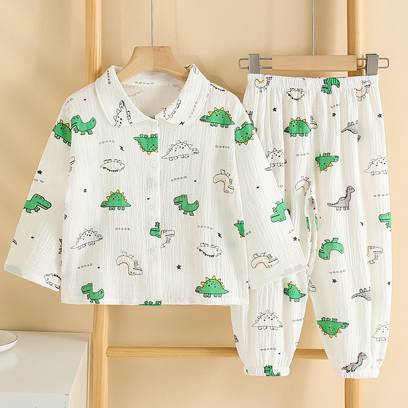 夏季棉纱睡衣纯棉翻领纱布薄空调服中小童男孩女童宝宝家居服套装