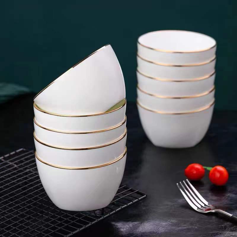 饭碗骨瓷景德镇陶瓷碗家用碗金边吃饭碗高脚米饭碗套装10个装小碗
