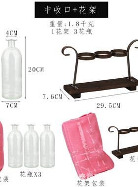 透明玻璃花瓶ins风创意复古装饰铁艺水养绿萝插花器客厅摆件批发