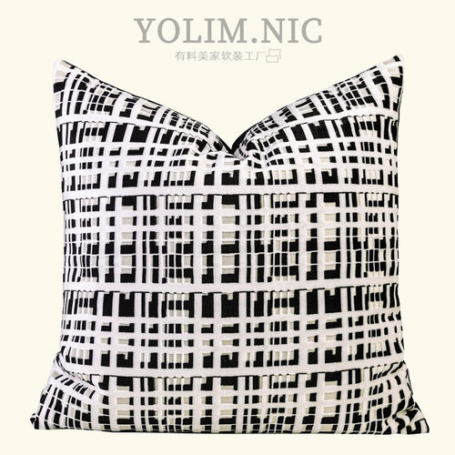 热销现代简约黑白割绒提花抱枕沙发长腰枕包样板间大靠枕酒店靠轻