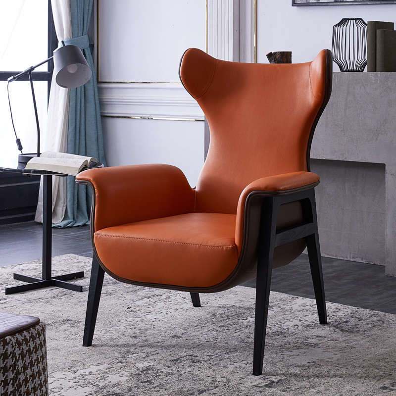 北欧实木现代简约皮艺单人沙发椅靠背椅子酒店客厅样板房休闲单椅