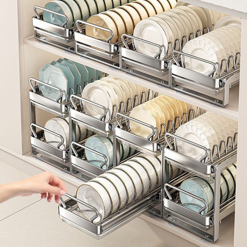 实心不锈钢抽拉碗碟收纳架厨房抽屉式拉篮橱柜内置沥水碗架置物架,厨房/烹饪用具,碗架,淘宝优惠券,粉丝福利购,淘宝优惠卷