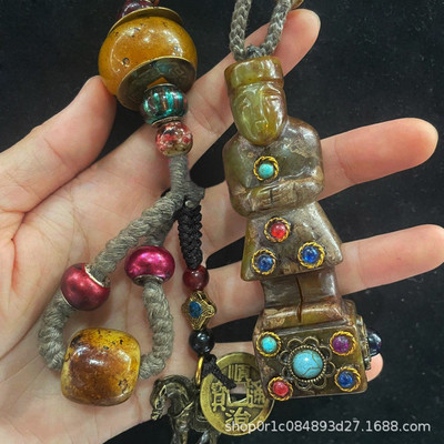 复古包浆藏传高古岫玉貔貅玉璧镶嵌九眼天珠宝石兵马俑玉挂件把件