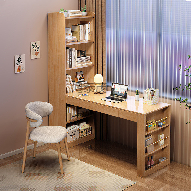 htm1丛良写字桌书桌带书架一体学生学习桌简约现代家用实木卧室电