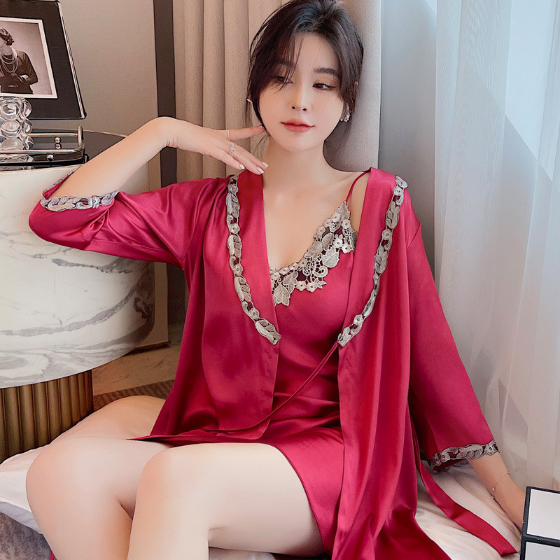 新款睡袍女夏季冰丝性感吊带裙两件套睡衣春秋款睡裙韩版可爱薄款