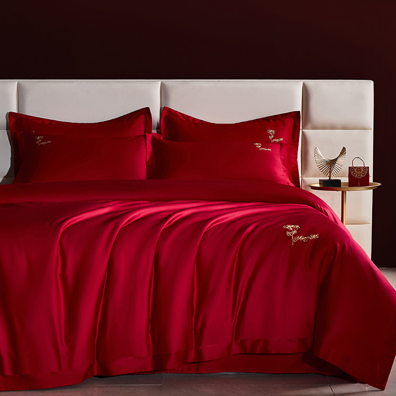 x70t喜玫瑰新婚庆四件套100s长绒棉被套大红色送礼简约被结婚床上