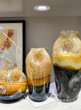 高级感中古手工艺术琉璃花瓶客厅玄关餐桌插花摆件样板间高级装饰